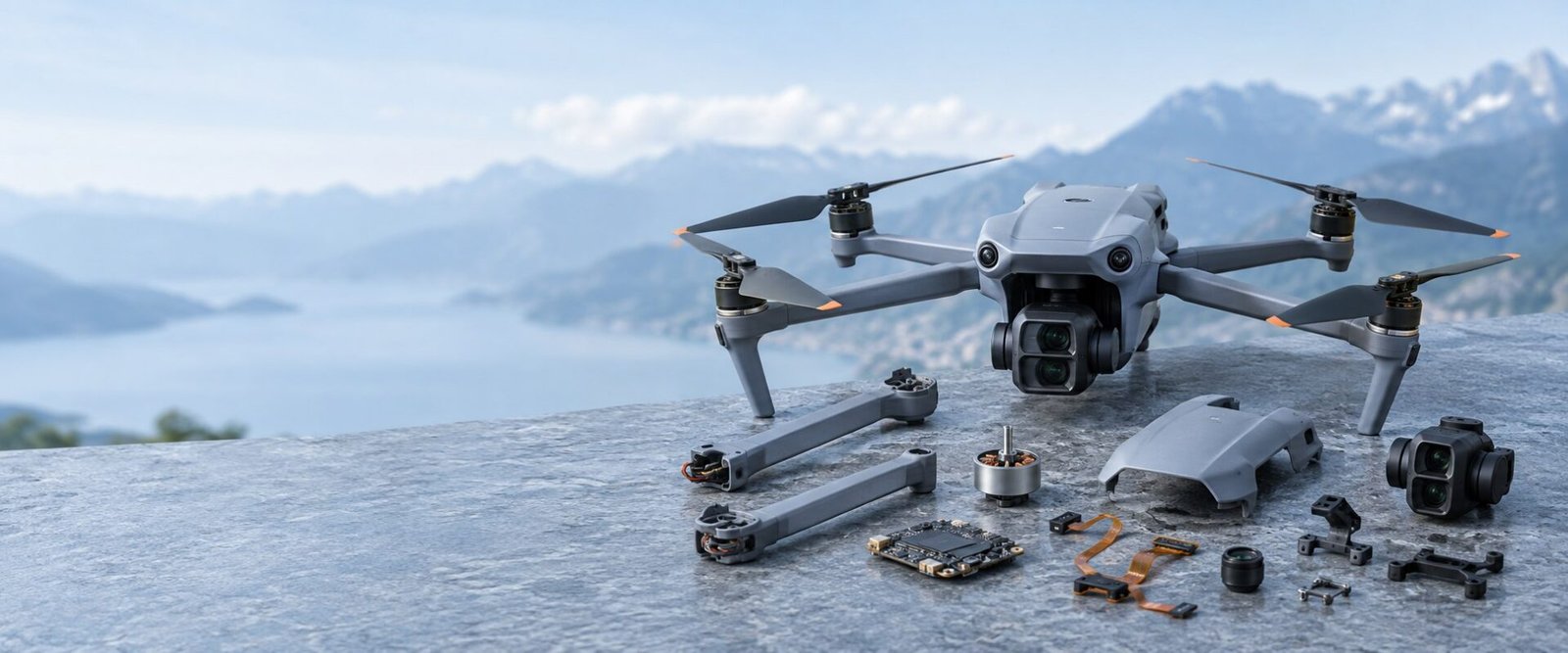 Illustrative drone with replacement arms, motors, shell and gimbal on a blue work surface